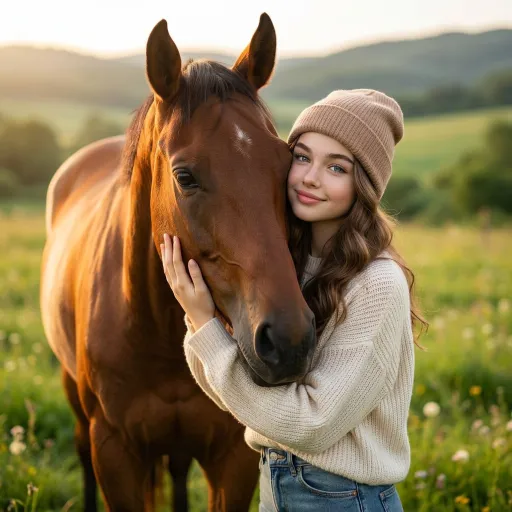 AI-generated photo of a woman in a knit beanie hugging a brown horse in a sunlit meadow
